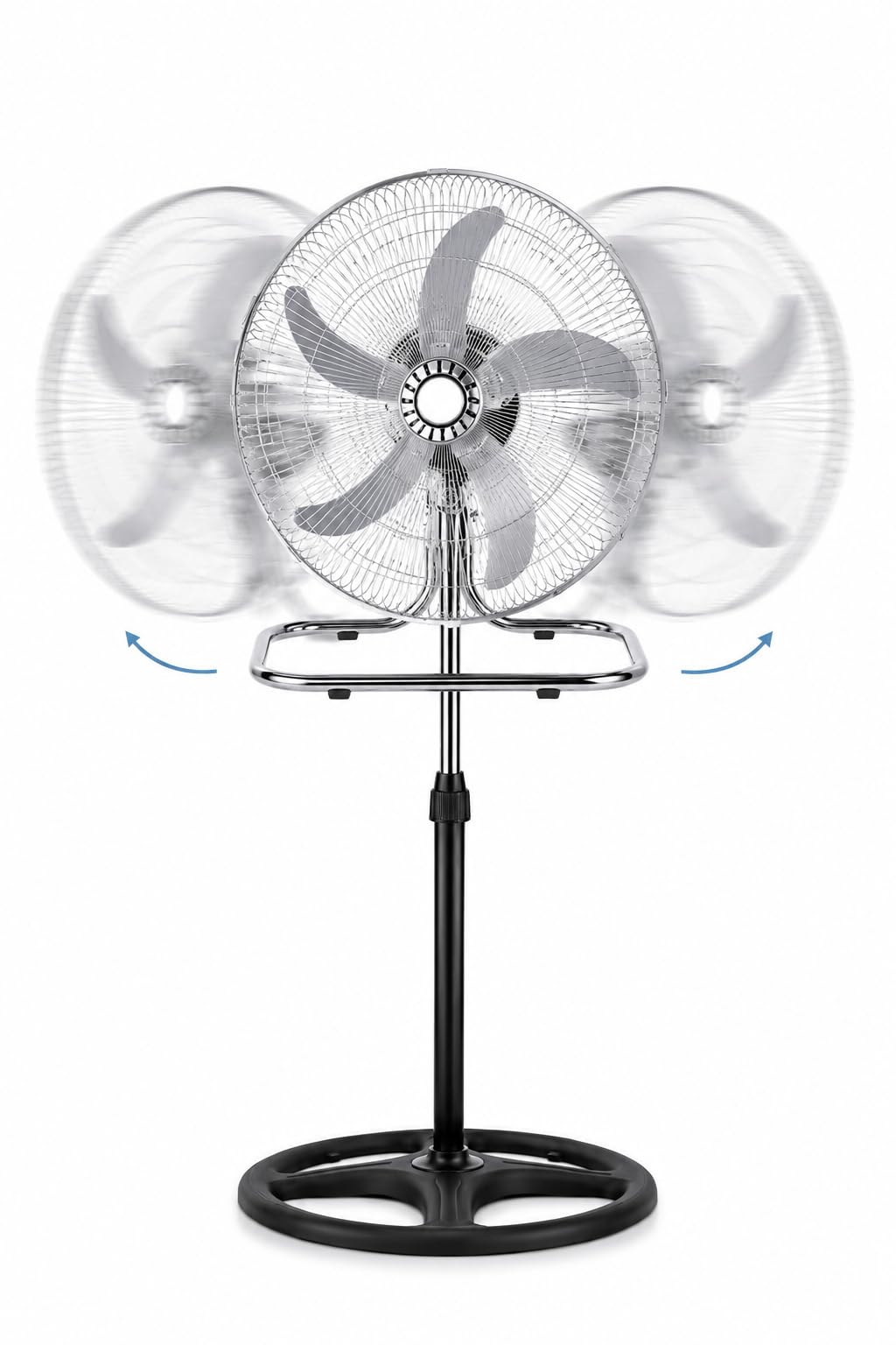 Generico Ventilatore 3 in 1 da Terra e Tavolo Cromato, Ventilatore Oscillante con Piedistallo Regolabile, Ventola Silenziosa ad Alta Potenza, Design Moderno in Metallo per Casa Ufficio Camera