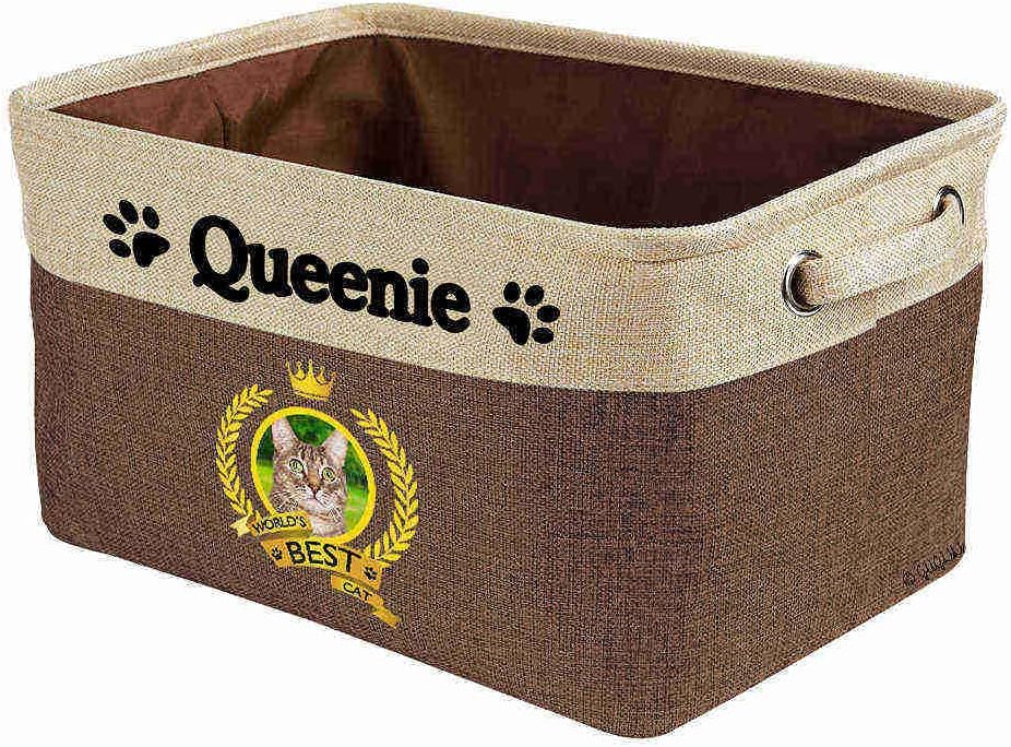 Custom Name Collapsible Dog Toy Storage Basket Bin World's Best Cat Elegant Cat Foldable Pet Toy Box Closet Shelf Baskets Organizer for Bedroom Home Dog Cat with Handles Brown