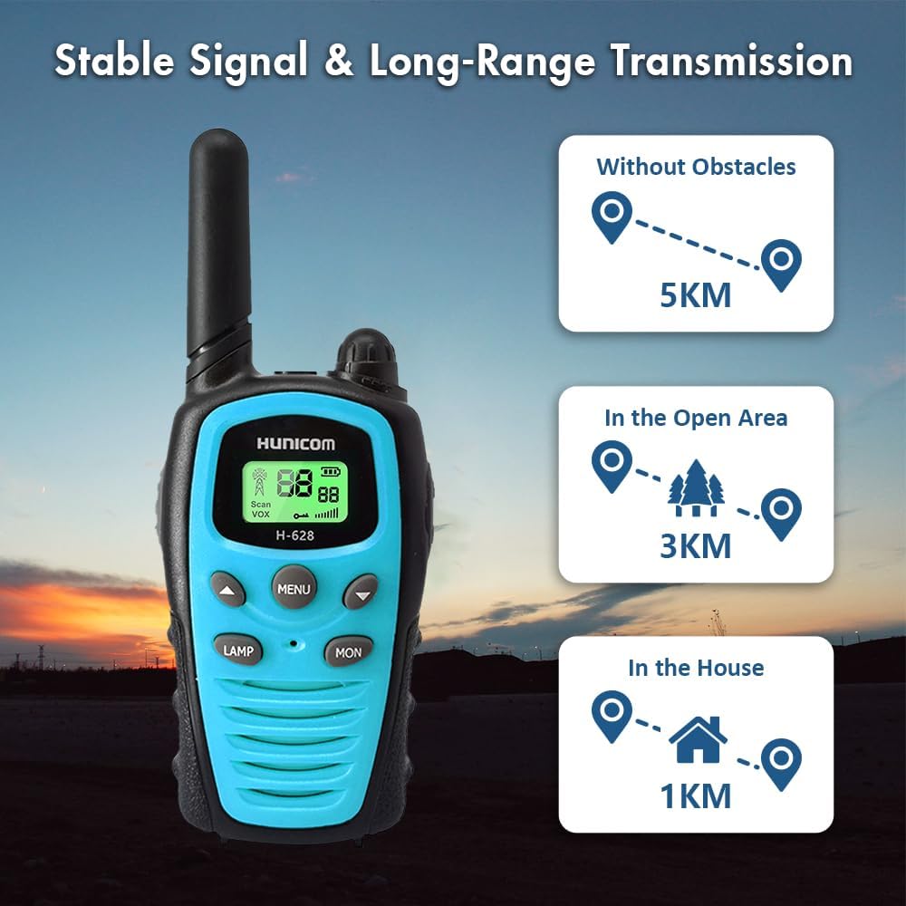 Front view of HUNICOM H-628 Walkie Talkie showing LCD screen and buttons.