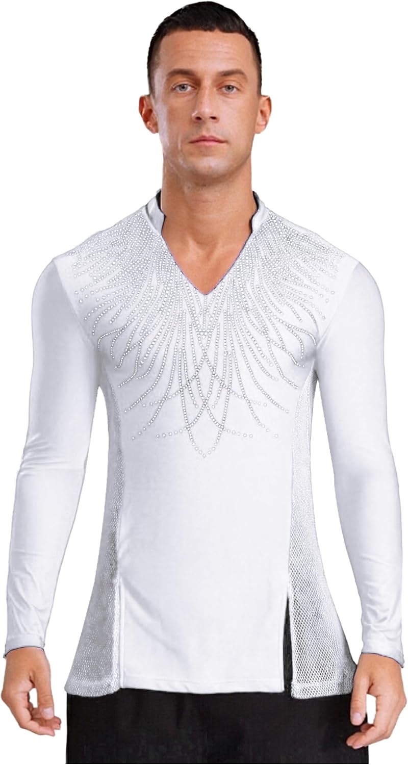 ranrann Men's Latin Ballet Dance Shirt Rhinestones Long Sleeve Blouse Shirt Ballroom Dance Cha Cha Samba Top