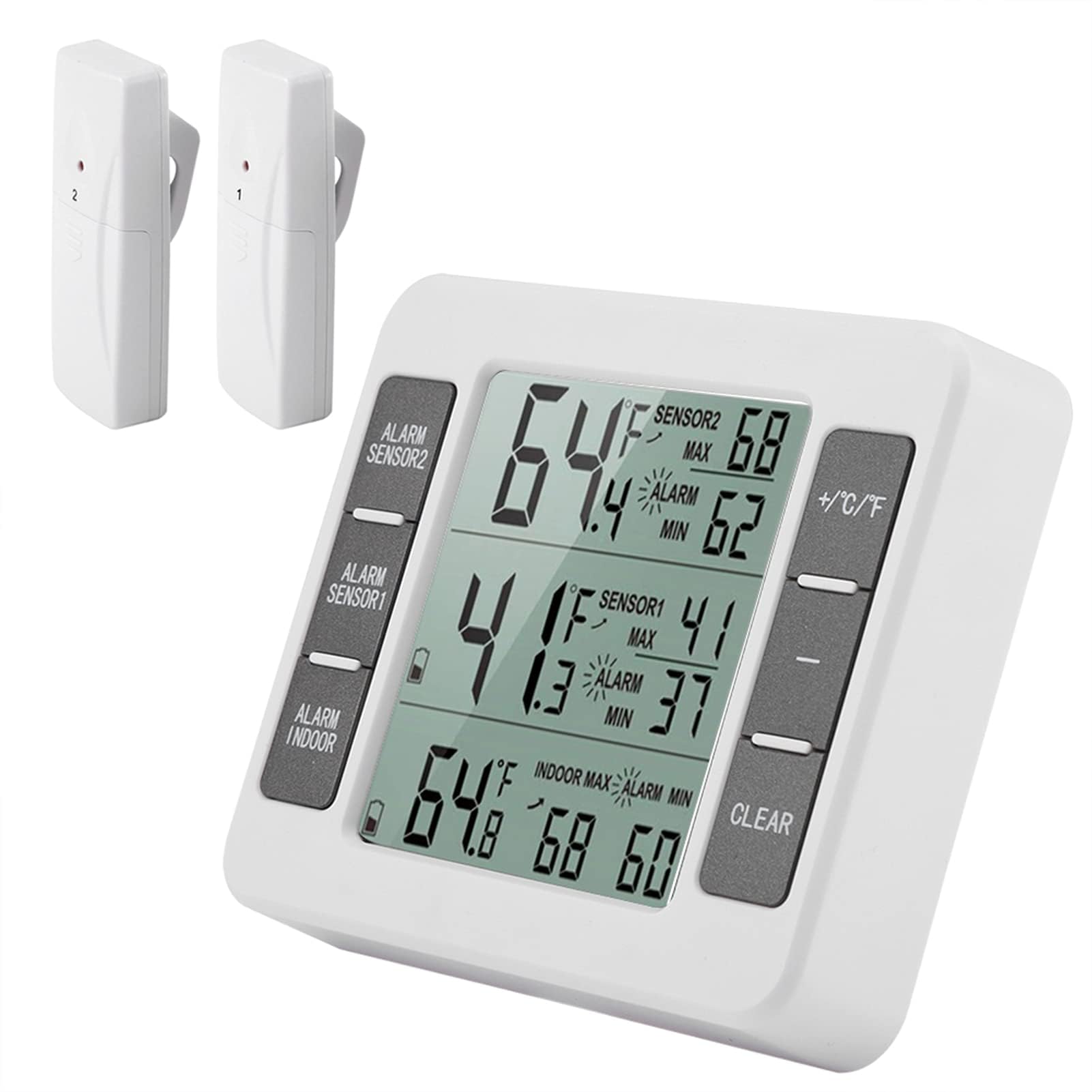 Thermomètre de Frigo Congelateur, Thermomètre Extérieur Thermomètre pour Réfrigérateur avec 2 Capteurs sans Fil avec Alarme Sonore pour une Utilisation Intérieure et Extérieure Écran LCD Facile à Lire