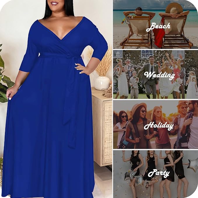Image of Nmoder Plus Size Maxi Dress for Women - Summer Casual 3 /4 Sleeve Floral Flowy Long Dress with Belt XL- 6XL