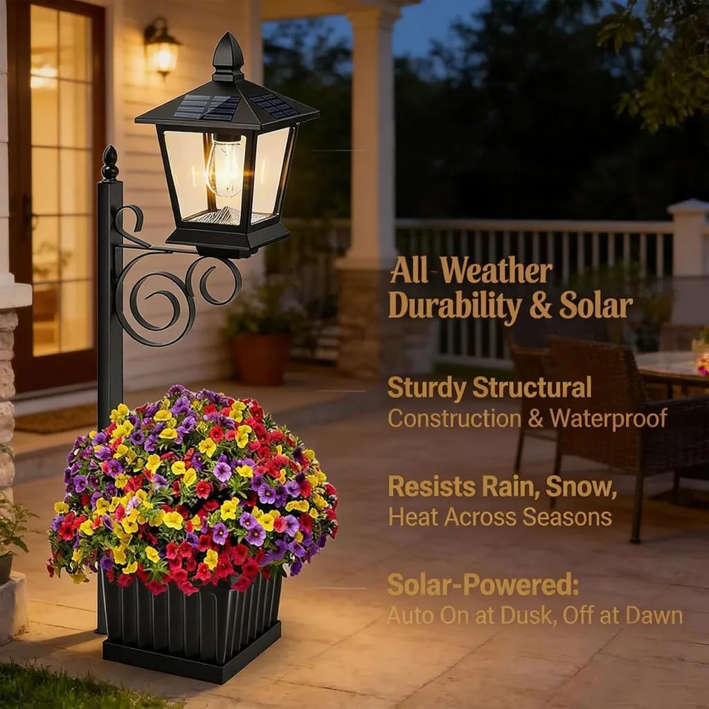 Solar Pathway Lights with Built in Planter, 2-in-1 Outdoor Solar Light with Built-in Planter Box, Waterproof Solar Powered Pathway Lamp for Garden Patio, Auto On/Off Warm White Light (35 inches)