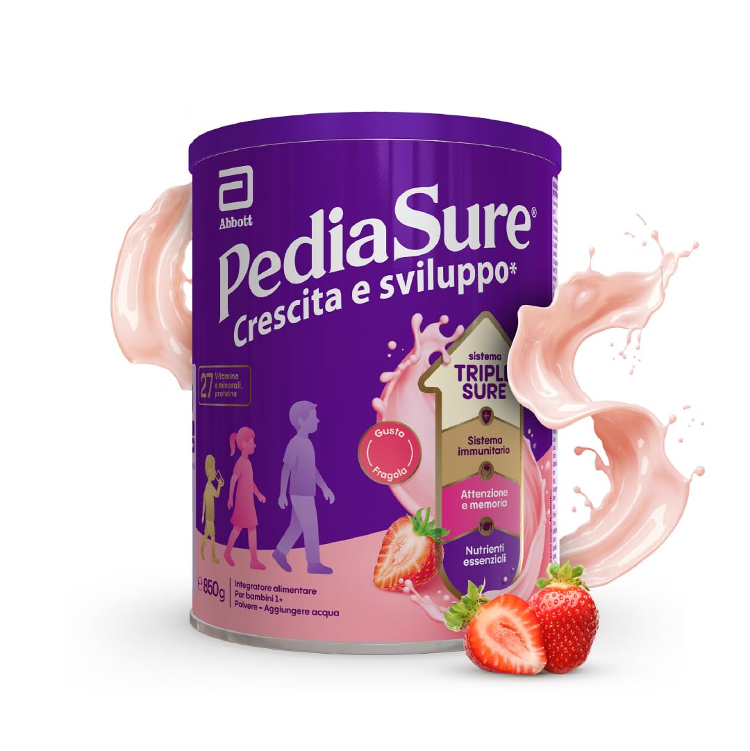 PEDIASURE® Crescita e Sviluppo* Integratore Alimentare per Bambini 1+, Multivitaminico con 27 Vitamine e Minerali e Proteine, Confezione 850g, gusto Fragola