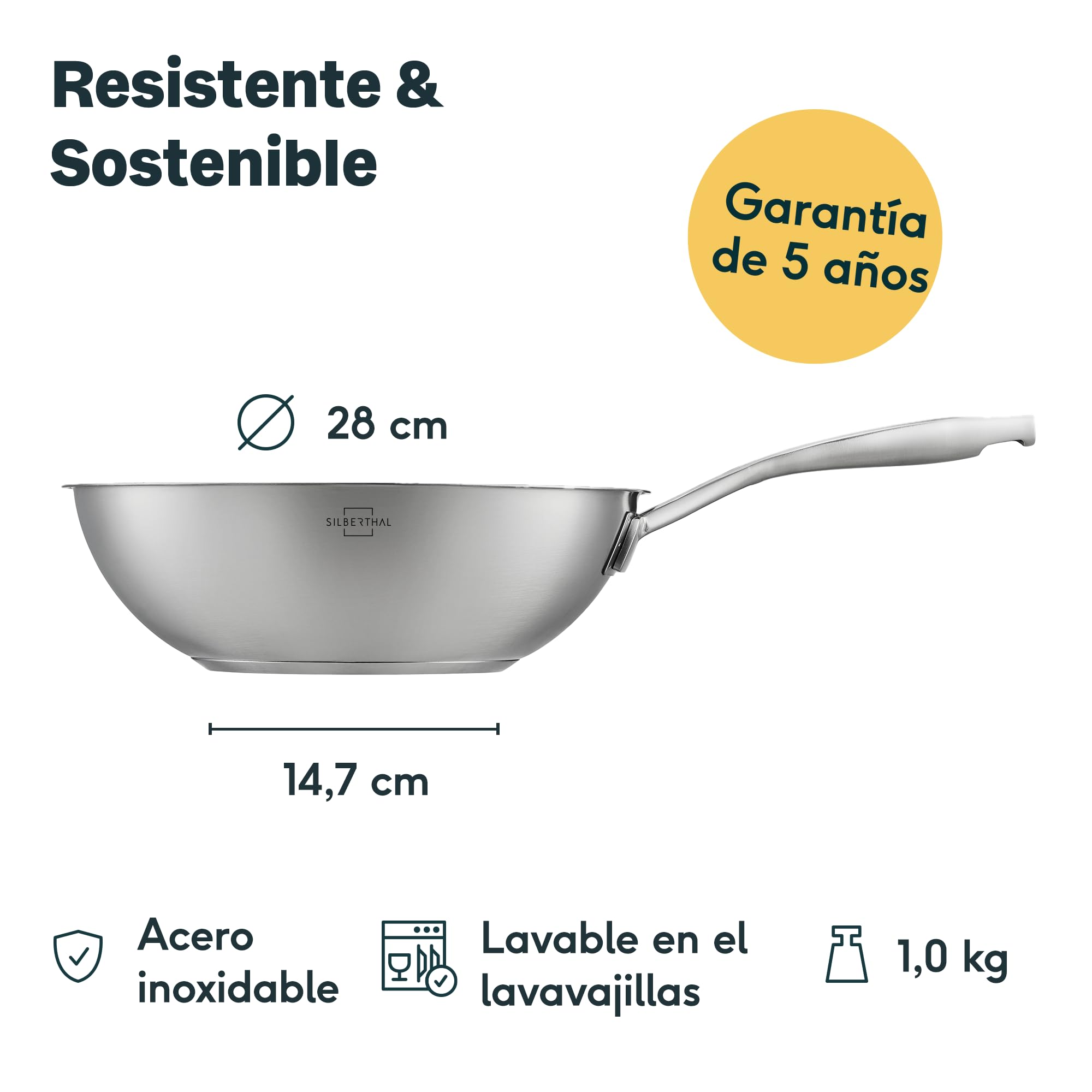 SILBERTHAL Wok acero inoxidable 28 cm - Induccion gas y vitroceramica - Sarten honda para saltear y freir
