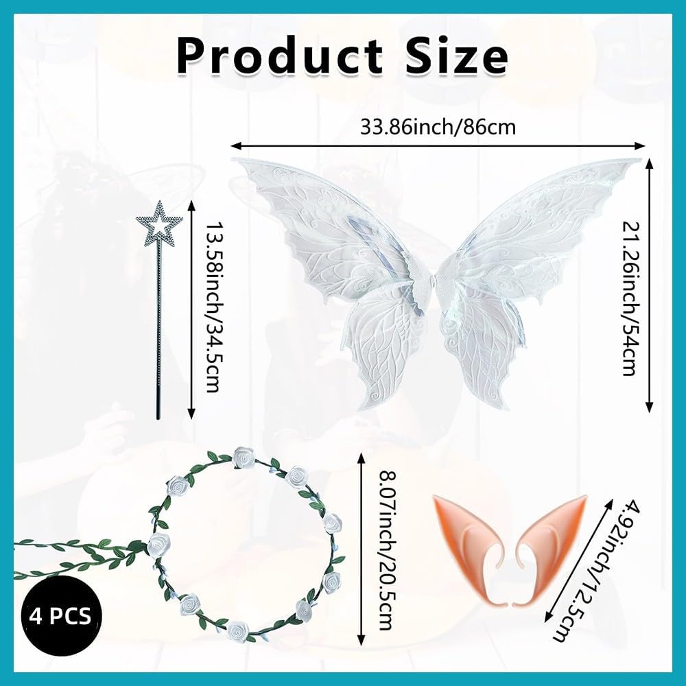 4 PCS in Set Fairy Wings, Butterfly Wings Adults, Angel Costume Accessories, Sparkling Sheer Wings with Flower Headband Black - Image 2