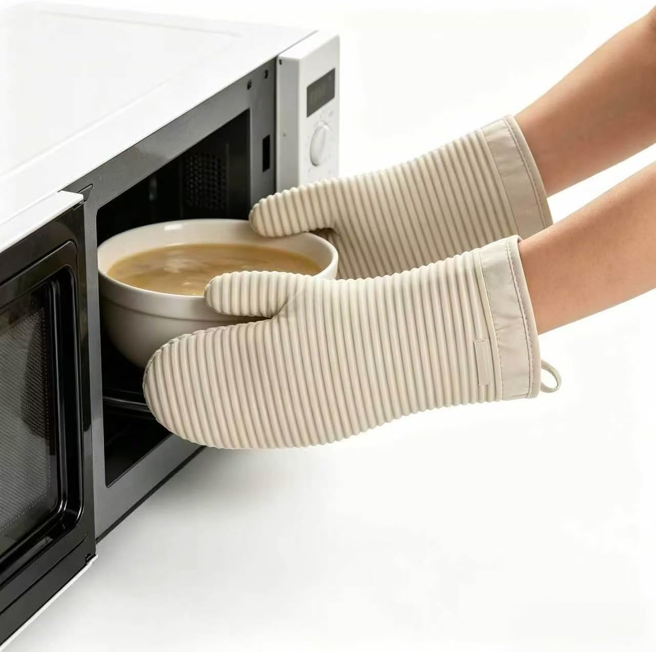 Set of 2-Silicone Oven Mitts - Non-Slip Grip Kitchen Gloves for Baking, Cooking, BBQ, Microwave, Air Fryer - Thickened Pot Holders, Dishwasher Safe (Off-White
