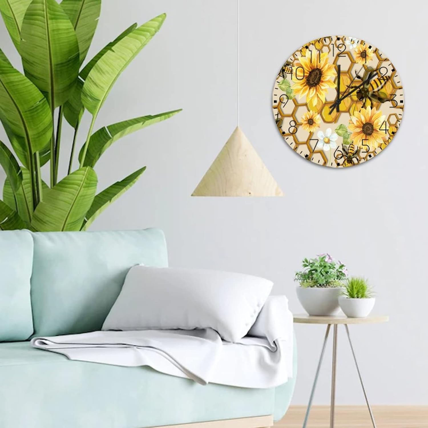 Wood Hanging Wall Clock Non-Ticking Sweep Movement Sunflower and Bee Print Retro Wall Clocks Garden Honeybee Flowers Wooden Wall Decor for Girls Room Classroom Garden 12 Inch