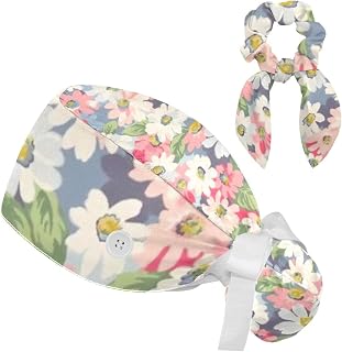 FVQL 2 Pieces Surgical Cap for Long Hair Scrub Cap with Hairband Nurse Cap, Flower Seamless Pattern Colorful