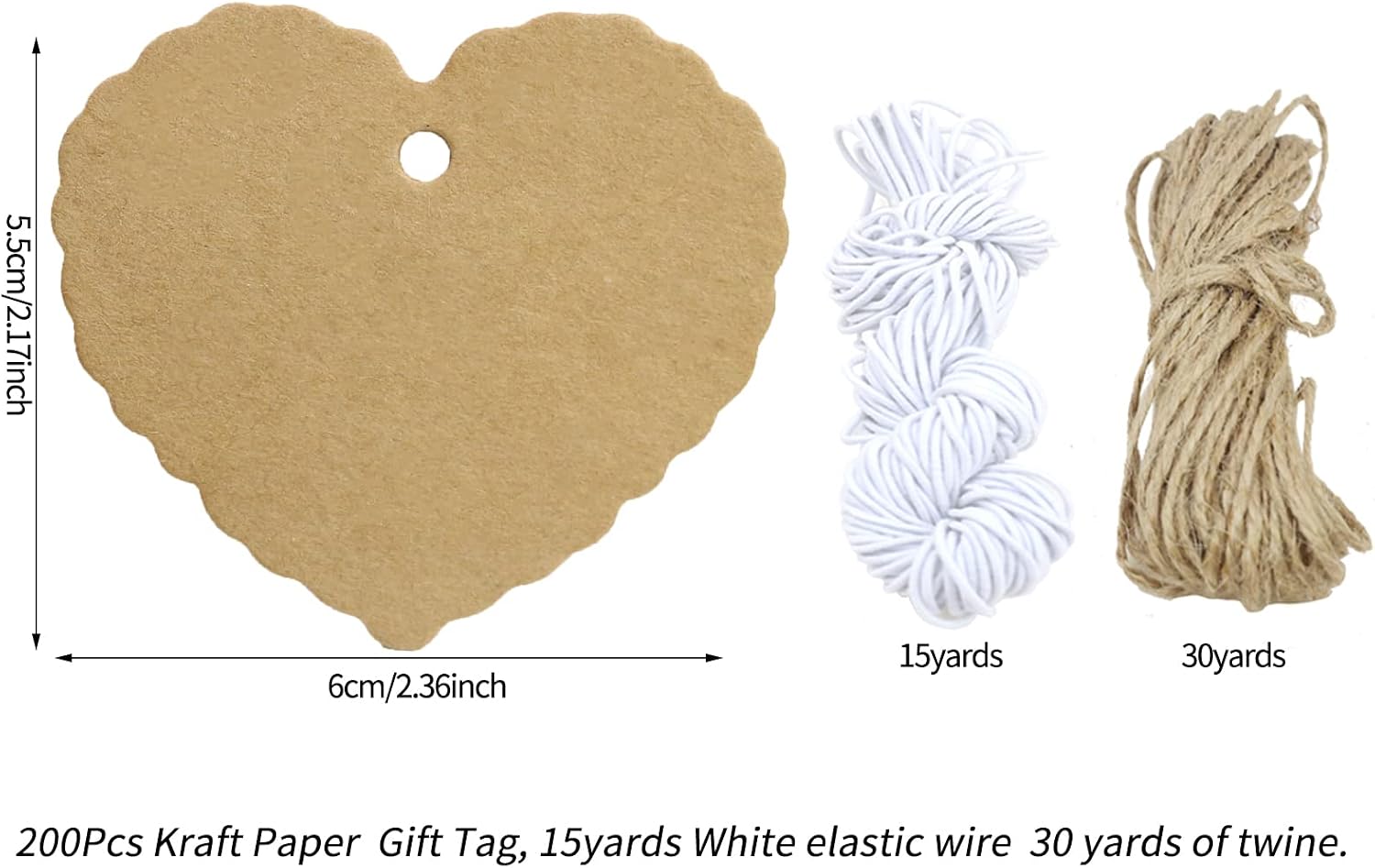 200pcs Kraft Heart Gift Tags Price Tags Paper Blank Labeling Tags Marking Tags with Jute String & Elastic Cord for Product Jewerly, Arts, Crafts, Party, Wedding #PQ121 (6cmx5.5cm)