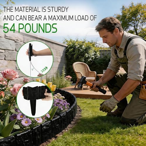 30/40 Pcs Garden Edging Border, Plastic Stone Effect 24/32ft Landscape/Lawn Edging Garden Decor Fence for Garden Lawn Landscape Flower Bed Patios DIY Yard No Dig (30, Black) - 5