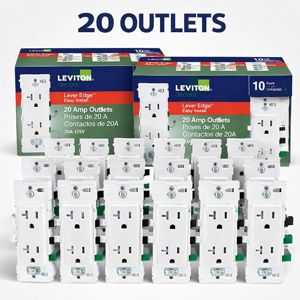 Leviton Lever Edge 20A 125V Duplex Outlet 5-20R White (10 Pack) – 2 Pack Bundle by Factory Hardware Store – Tamper Resistant Decora Outlet