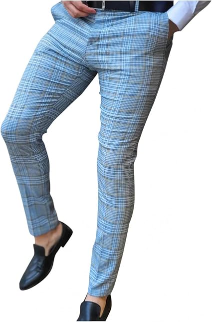 Men's Slim Fit Dress Pants Chinos Plaid 