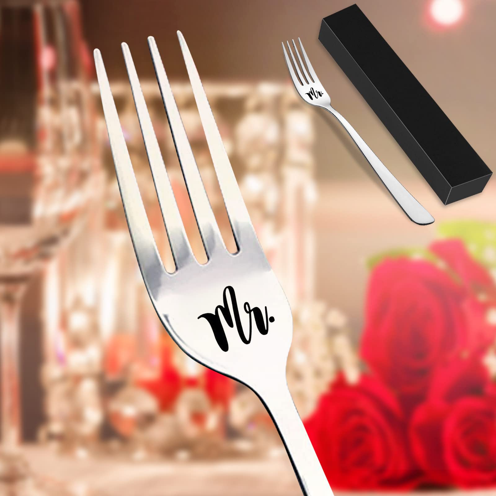 Yueshop Stainless Steel Engraved Fork,Personalized Letter Dinner Fork- Mr,Unique Carving Fork with Black Box Gifts for Christmas Valentine's Day (Mr)