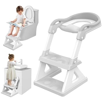 2 In 1 Potty Training Toilet Seat & Toddler Step Stool, Bottom Triangle Stability Toddler Toilet Seat, Adjustable Step & Seat Height Potty Seats for Toddlers Boys Girls Grey
