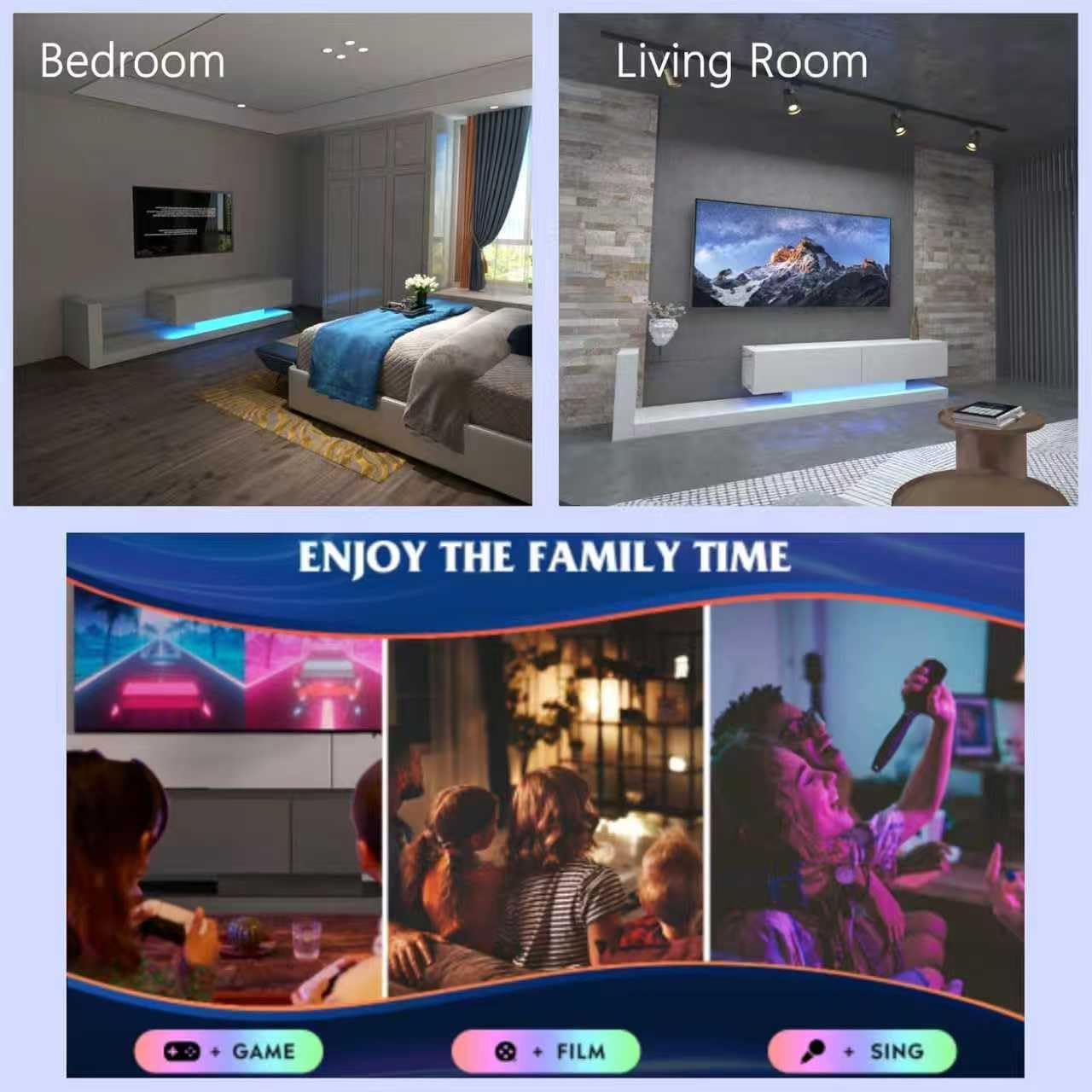 LED TV Stand for 55 65 75 Inch TV, Modern Entertainment Center Equipped with Tempered Glass, TV Console with Storage Cabinets， Gaming Media Console with Power Outlet for Living Room, White