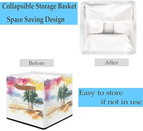 Miniatura 5 de Aglebo Cesta de almacenamiento de tela plegable de árbol de coco tropical de 13 x 13 x 13 pulgadas, cubos cuadrados con asas, para baño, lavandería,