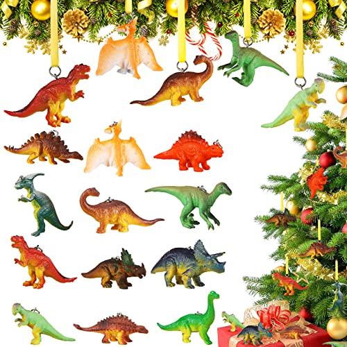 12 Pieces Dinosaur Christmas Ornament Set Hanging Resin Dino Ornaments for Christmas Tree with Ribbon Xmas Ornaments Set for Boys Kids Birthday Party Decorations