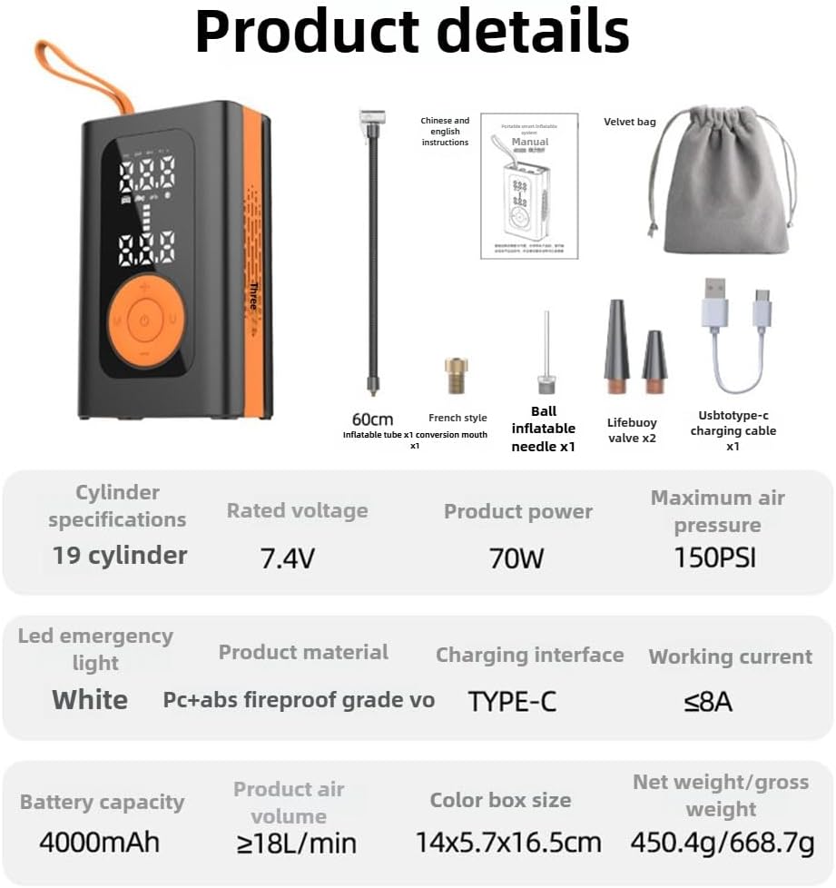 150PSI Tire Inflator Portable Air Pump, 3X Faster Air Compressor with 6000mAh Battery & Type-C, Digital Gauge, Car/Motorcycle/Bike Tires, Sports Balls, LED Light & Emergency Power (Orange)