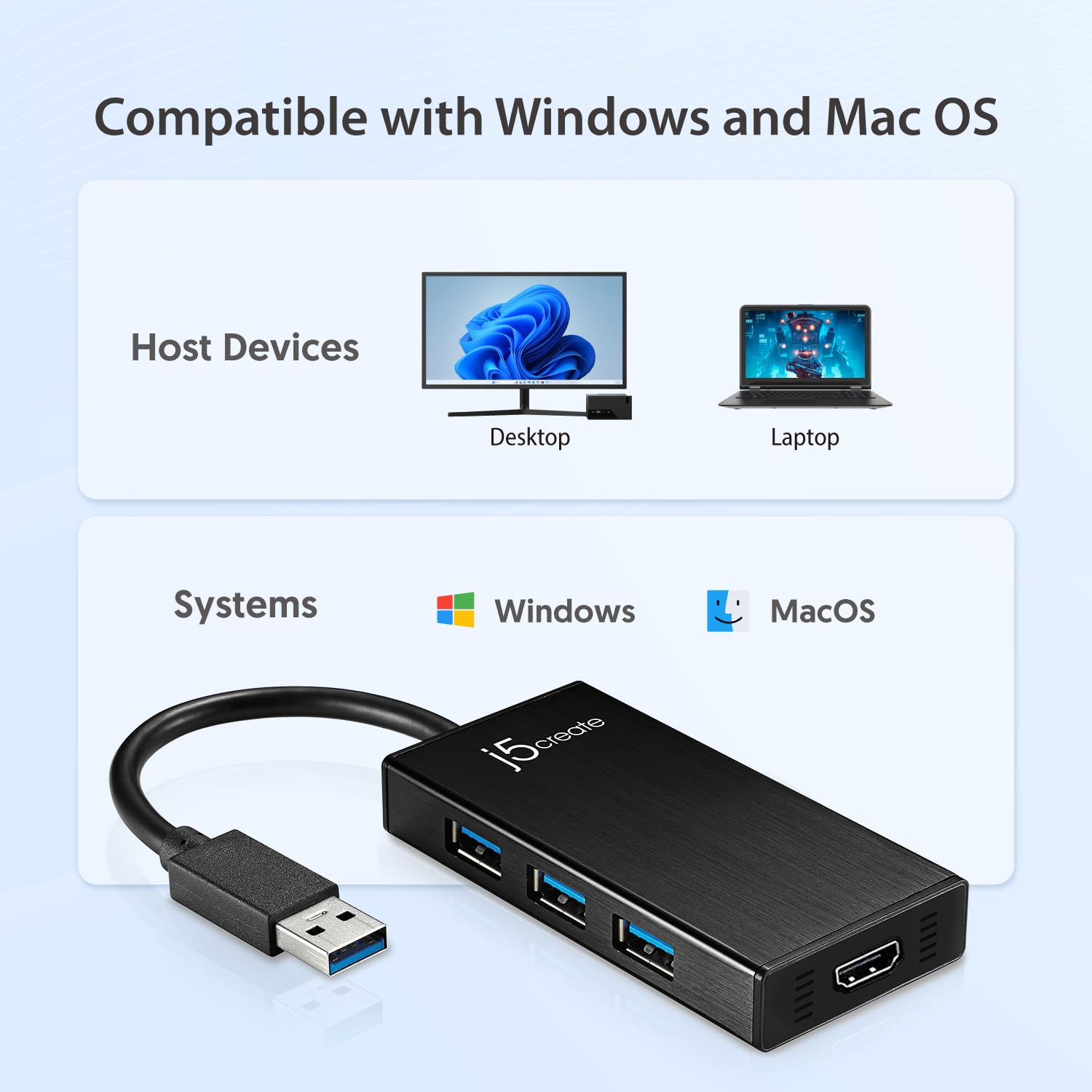 j5create Adattatore multiplo USB 3.0 - HDMI 1080p 2048 x 1152 @ 32bit | Hub USB 3.0 a 3 porte | USB 3.0 SuperSpeed | Compatibile con dispositivi USB 2.0/1.1 | Compatibile con Windows e Mac (JUH450)
