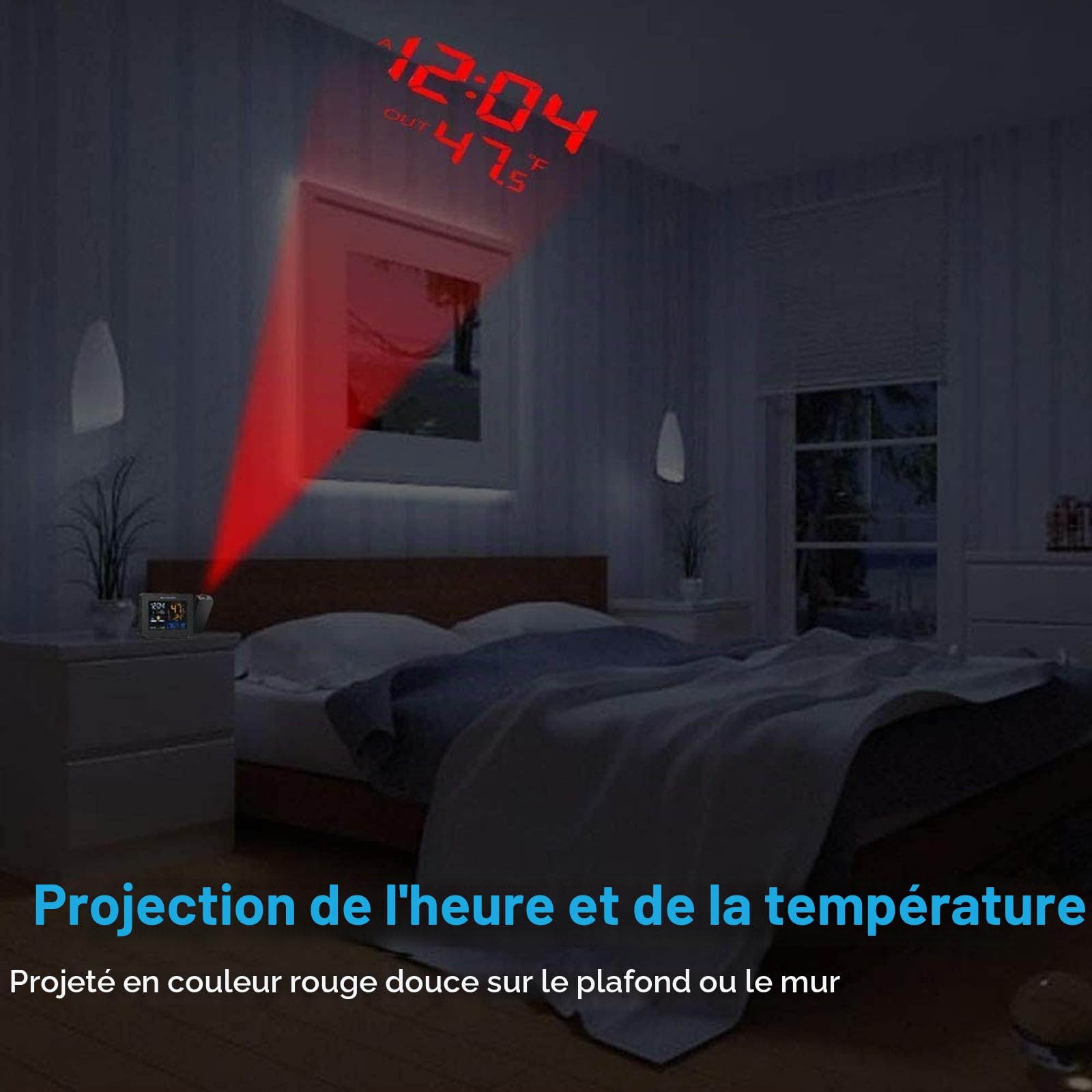 Reveil Projecteur Plafond Station Meteo sans Fil Reveil Numerique Thermomètre Hygromètre Intérieure Extérieure Prévision Météorologiques Baromètre Horloge Météo avec Capteur