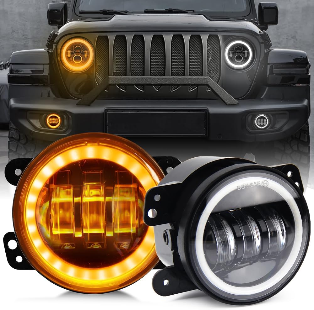 UNI-SHINE 4 Inch LED Fog Lights Halo Ring Work Light Compatible with Jeep Wrangler JK Unlimited JKU 2007-2018, with White DRL Amber turn Signal Front Bumper Replacements DOT Approved