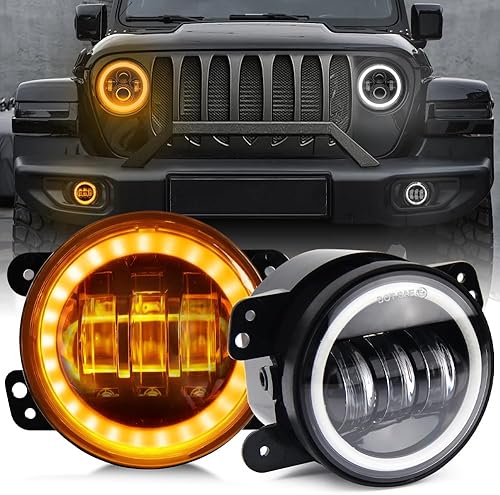 UNI-SHINE Luces antiniebla LED de 4 pulgadas, anillo de luz de trabajo compatible con Jeep Wrangler JK Unlimited JKU 2007-2018, con señal de giro