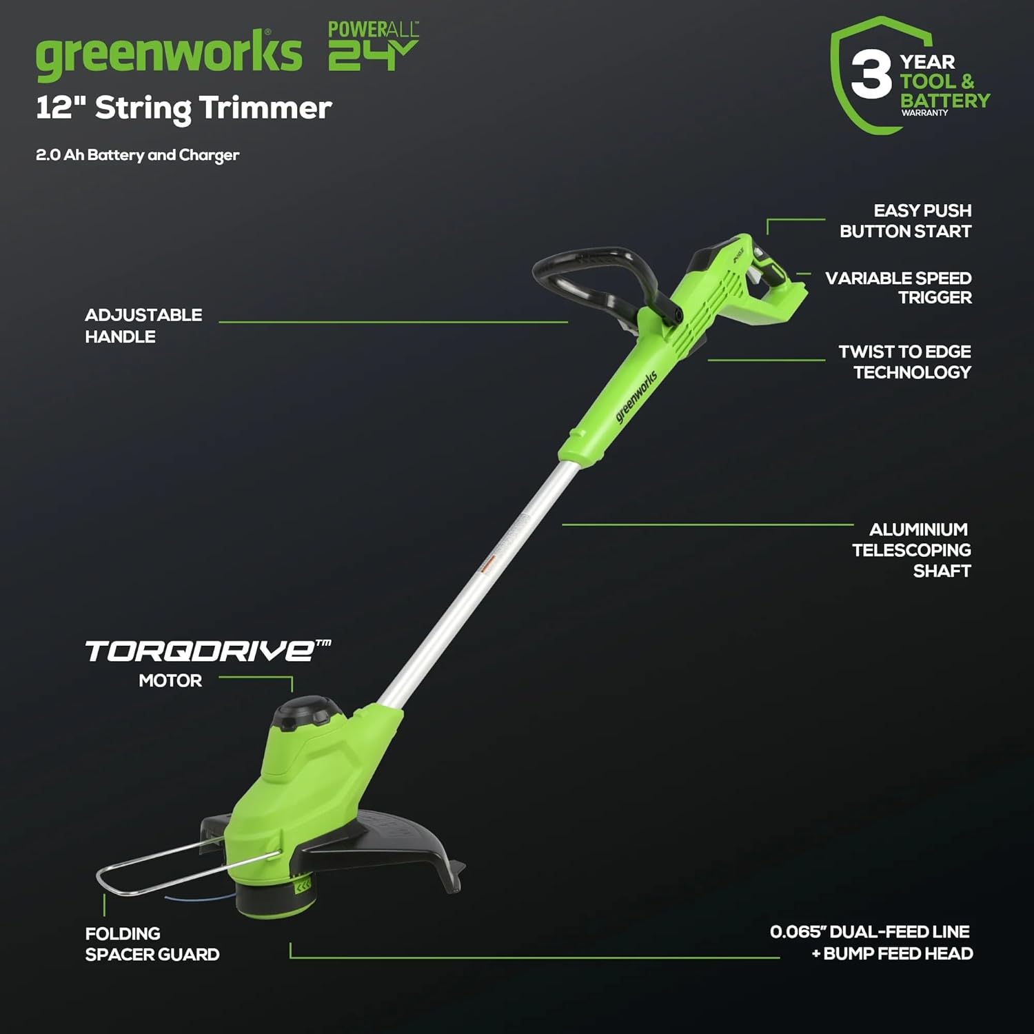 Greenworks 24V 12" Cordless TORQDRIVE™ String Trimmer, 2.0Ah USB Battery and Charger Included