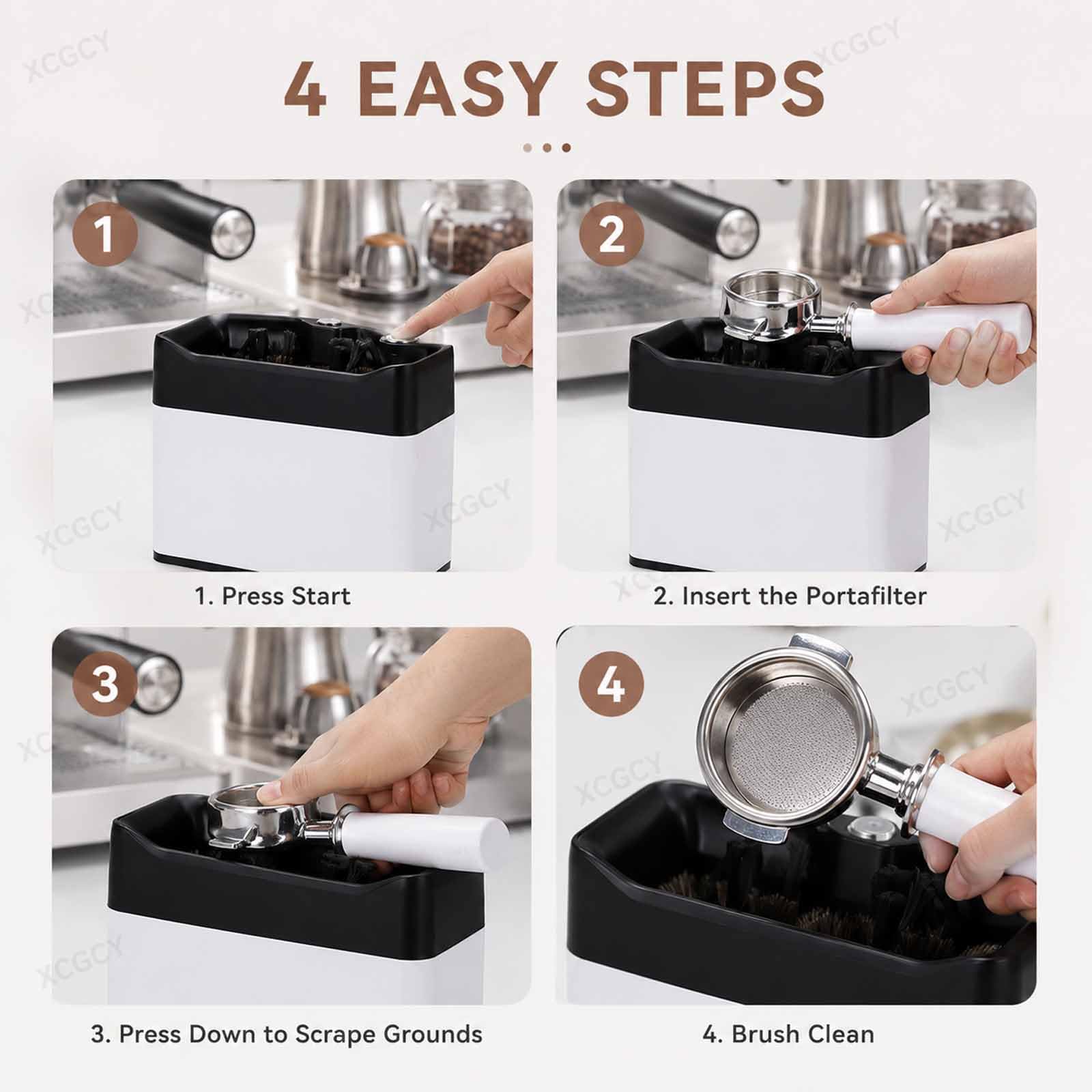 Limpiador Eléctrico Automático De Posos De Café, Limpiador Eléctrico De Portafiltros para Espresso, Máquina 58 Mm, 340 RPM con 2 Raspadores, 2 Cepillos Y Contenedor Black