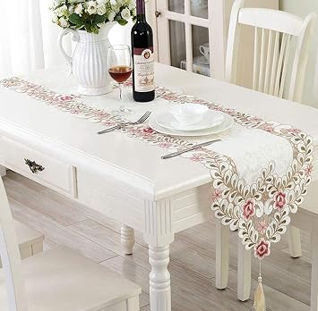LeLehome 15 X 69 Inch Lace Table Runner, Flowers Embroidery Floral Washable Fabric Table Top for Party Wedding Home Decoration - Dark Rose