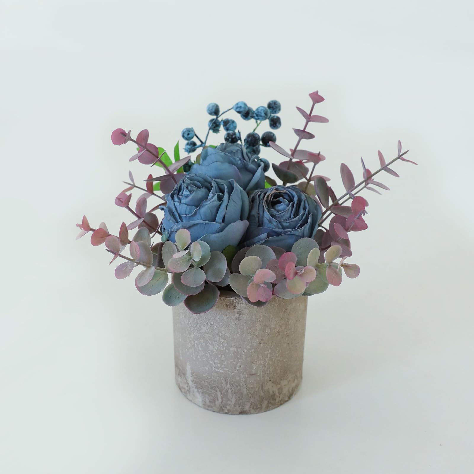 Artificial Flowers Kit with Pot, Combination of Fake Silk Burnt Blue Roses and Greenery,Small Plant Potted Decor for Offices,Bookshelf,Bedroom, Living Room,Party,Wedding Decorations