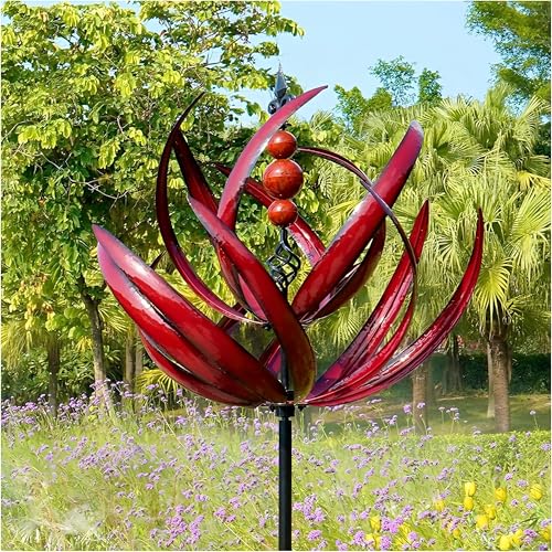 Metall Windrad für Garten Windrad Garten Lotus Windspiel Windmühle Wetterfest Und Standfest Wind Spinner Metall Windräder Mit Besten Kugellagern Für Als Dekoration Höhe 90 cm (rot)