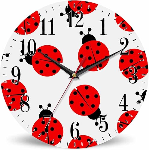Mxocom Reloj de pared de mariquita roja y negra, 10 pulgadas, silencioso, sin tictac, funciona con pilas, reloj redondo vintage para sala de estar,