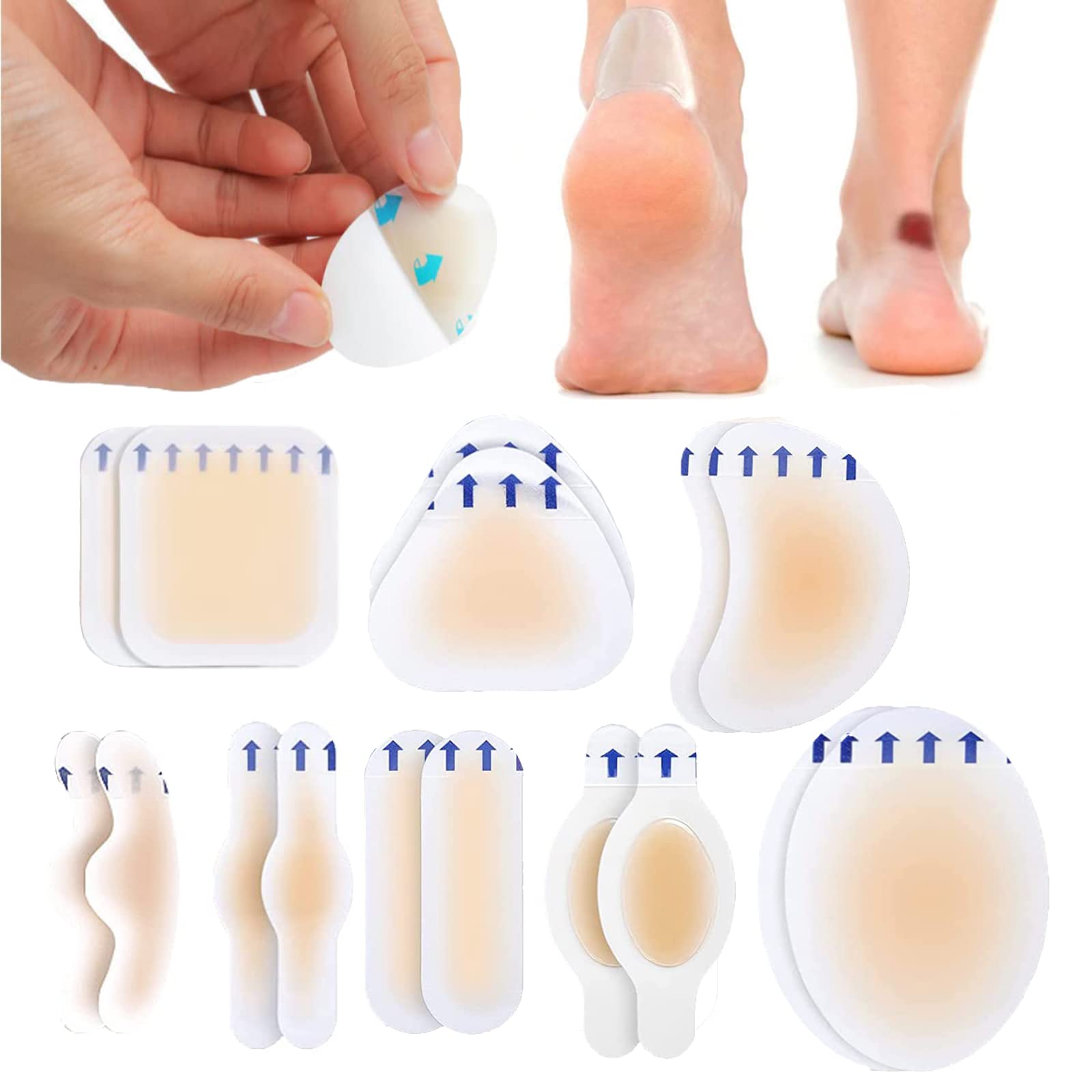 Gel Blister Cushions Blister Gel Guard Pads, Foot Blister Protection Pad, Heel Blister Patches, Waterproof Hydrocolloid Bandages Adhesive Foot Blister Pads for Fingers, Toes, Forefoot, Heel (8Pairs)