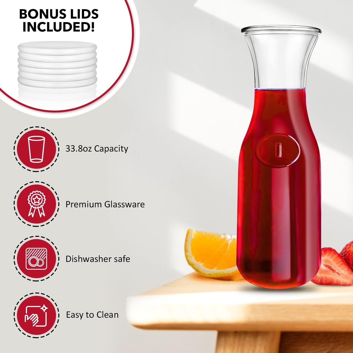 Kitchen Lux Glaskaraffe, 1 Liter Getränkekrug & elegante Weinkaraffe Dekanter, Karaffe Set mit 12 Stück, Mimosen-Bar-Karaffen & Saftgläser, Easy Pour Flaschen, Glas Wasserkaraffe, 963.9 g