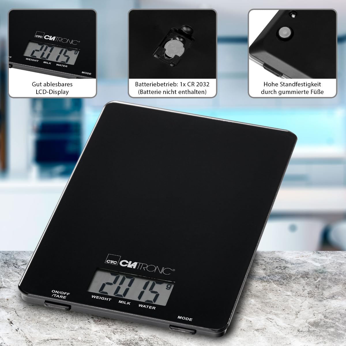 Clatronic Keukenweegschaal | meetbereik tot 5000 g | 1 g stappen | tarra-functie | bakken | koken | glazen weegoppervlak | automatische uitschakeling | LCD-display | rubberen voeten | KW 3626 blauw