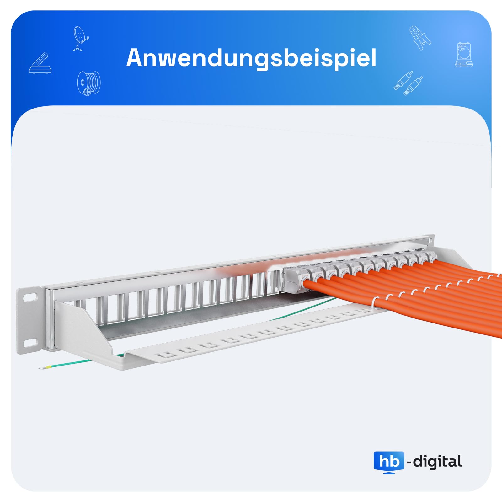 hb-digital Panel de distribución modular de 24 puertos para módulos Keystone RJ45 de 19 pulgadas, CAT 5, CAT 6, CAT 7, para armario de red LAN, profesional, TIA568A, TIA568B, cable de tierra – Gris
