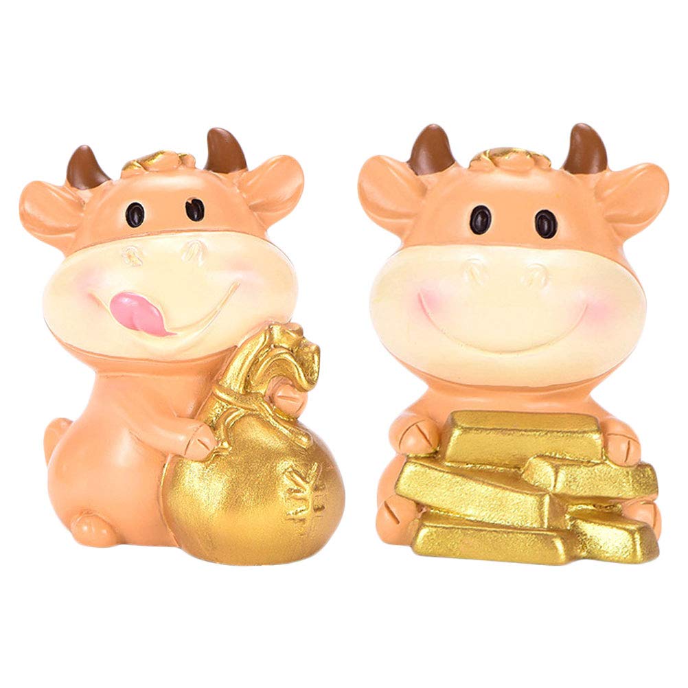 2pcs Miniature Figurine Cow Ox Feng Shui Chinese Zodiac Cow New Year Ornament Animals for Landscape Plant Pots Bonsai Craft Decorations
