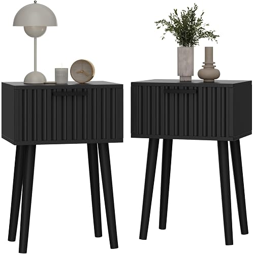 YMYNY Fluted Nightstand Set of 2, Small End Table, Modern Coffee Table with Drawer, Solid Wood Legs, Retaining Chain, 13.8" x 10.6" x 20.9", for Bedroom and Small Spaces, Black UHST014B-2