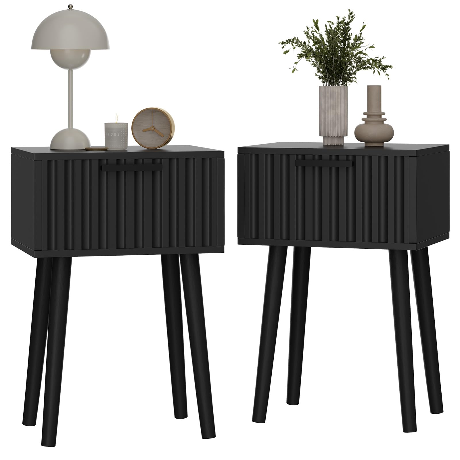 YMYNY Nachttisch 2er Set, Beistelltisch, Nachtschrank, Magnetschublade mit geriffelten Fronten, Massivholz Beinen, Modern, Couchtisch für Schlafzimmer Wohnzimmer, Schwarz HST014B-2