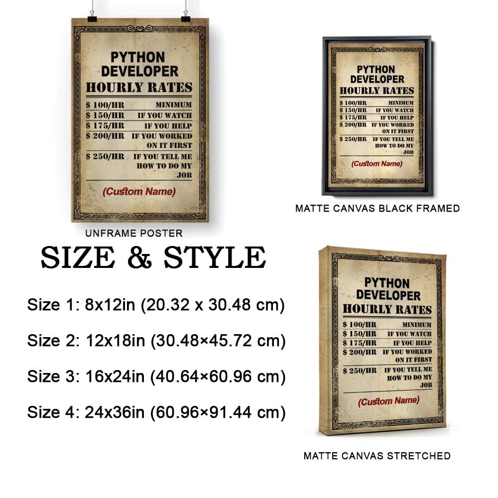 Custom Name Python Developer Inspirational Wall Art Poster for Bedroom, Office, Living Room, Python Developer Hourly Rates Print Canvas, Wall Decor 10AZ2387