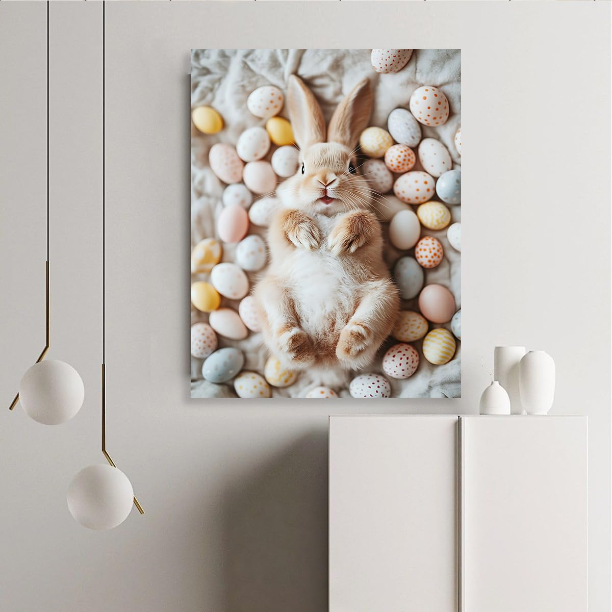SHENGPOSTER Puszysty uroczy królik z kolorowymi pisankami wydruki na płótnie sztuka ścienna wiosna plakaty ścienne do salonu sypialni kuchni dekoracja wnętrz 55x70cm