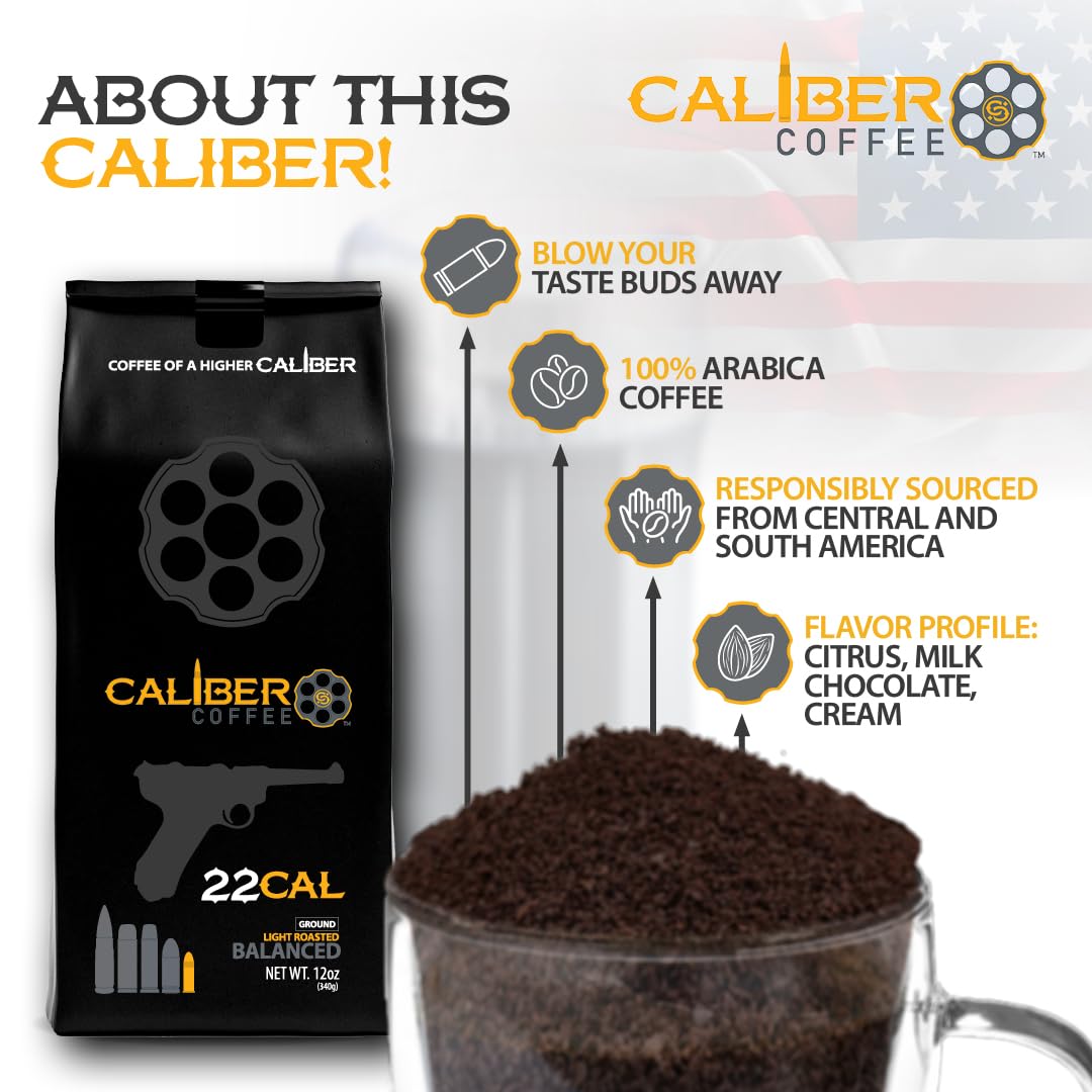 Caliber Coffee .22 Cal Ground Light Roast – Balanced, Fruity, Caramel Flavors – 100% Artisan Roasted Arabica Coffee – Small-Batch, Hand-Crafted – Veteran Owned – 12oz Bag