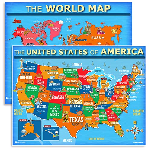 USA and World map poster 2 pack for kids Laminated large illustrated Light blue Young N Refined 15x20)