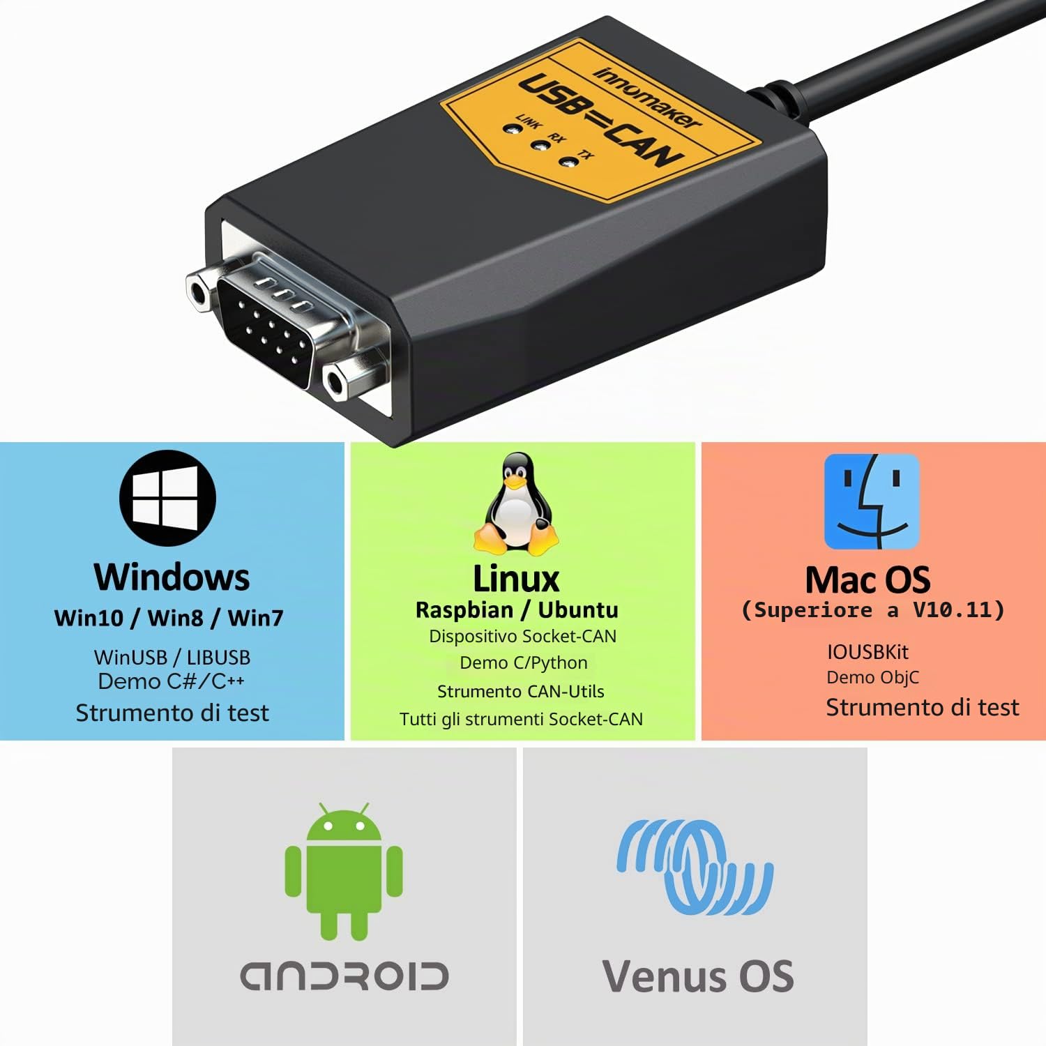 Cavo convertitore USB a CAN per Raspberry Pi 5/4/3B+/3/Zero, Jetson Nano, Tinker Board, SBC universali - Windows/Linux/Mac/Android/Venus OS