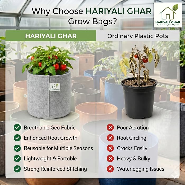 Image of 400 GSM Geo Fabric Round Grow Bags 18x18 Inch, Grey Planting Bags for Terrace and Kitchen Gardening Pack of 20