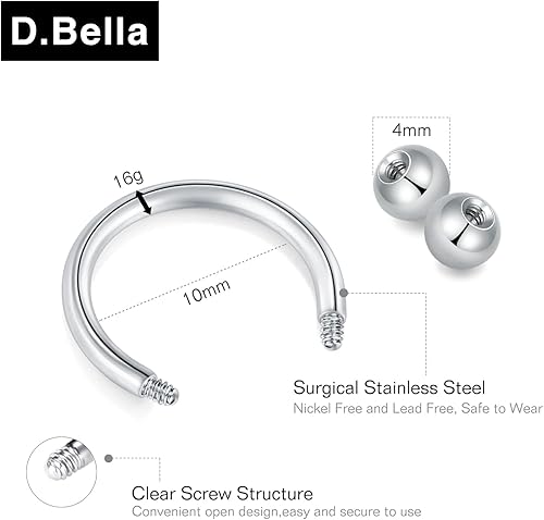 Miniatura 3 de D.Bella 22G, 20G, 18G, 16G, 14G, 12G, 10G, 8G, 6G, 4G, 2G, 0G, 00G, 00G, acero quirúrgico, nariz, tabique, herradura, ceja, labio, ombligo, pezón,