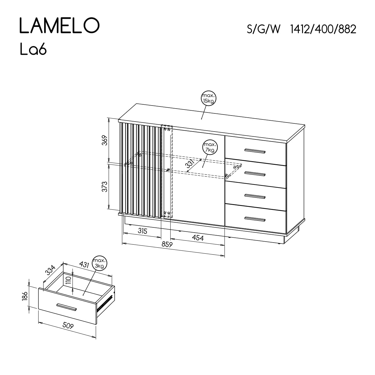 MINIO go for it - Kommode Lamia 6, Sideboard 141cm Breit mit Schubladen | Farbe: Wotan Eiche / Schwarz Matt