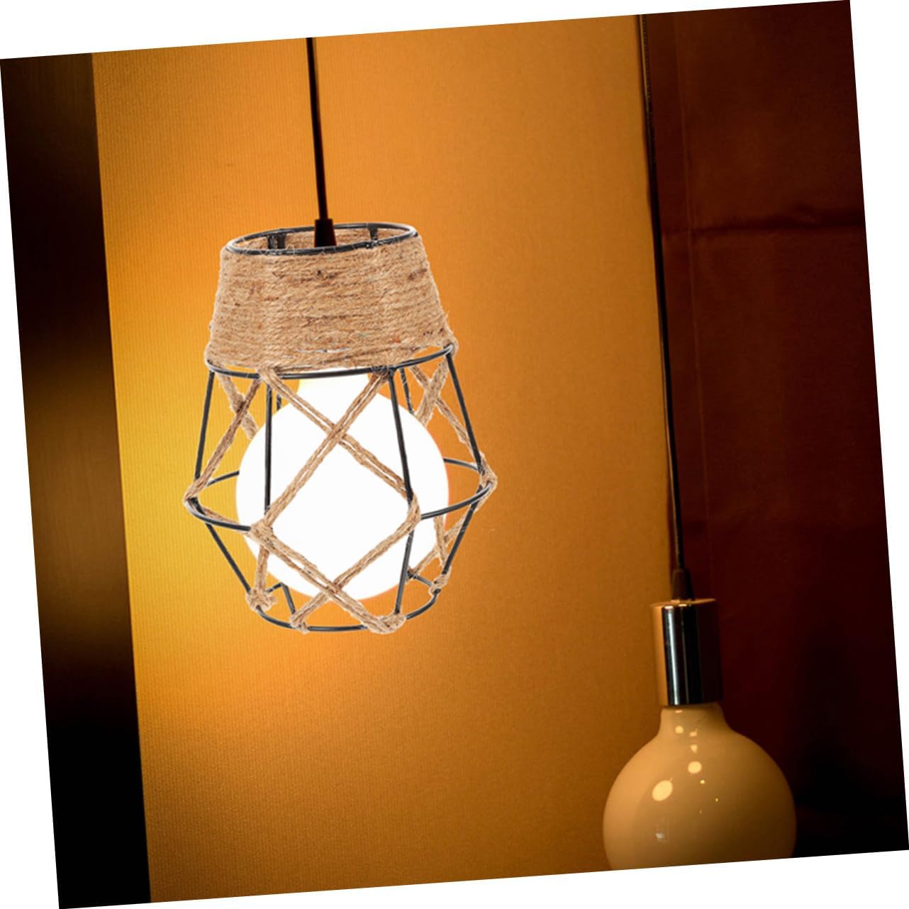 2pcs Retro Metal Cage Hanging Lamp Shade Vintage Rope Pendant Light Cover for Home Decor Easy to Install and Lightweight for Living Bedroom Kitchen
