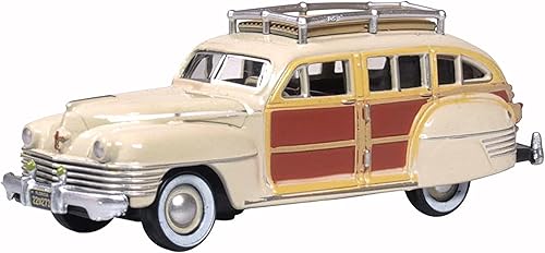 1942 Chrysler Town & Country Woody Wagon Catalina Tan con paneles de madera y portaequipajes a escala 187 (HO) Modelo de automóvil fundido a presión